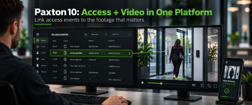 Paxton10 access control and video showing an access event linked to corresponding security footage