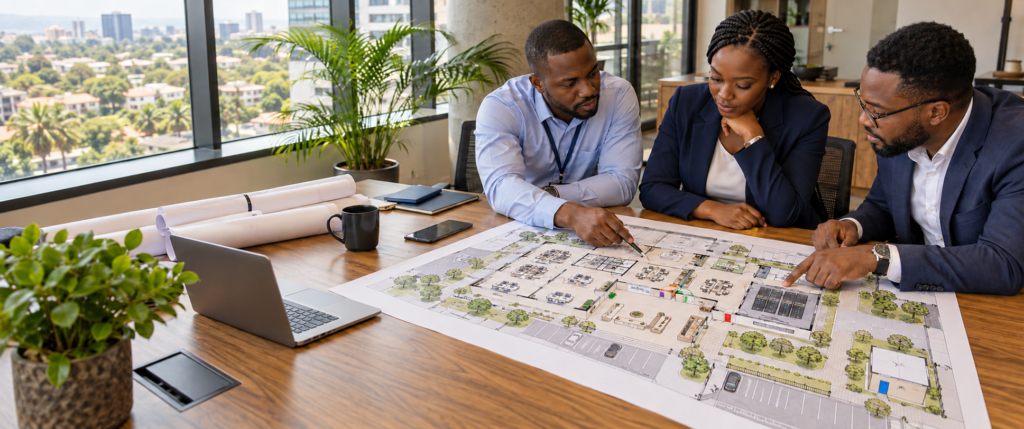 System integrators reviewing a building floor plan to assess different door access requirements
