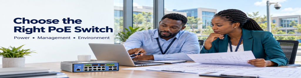 “Two African systems integrators reviewing a PoE switch and project plans in an office.”