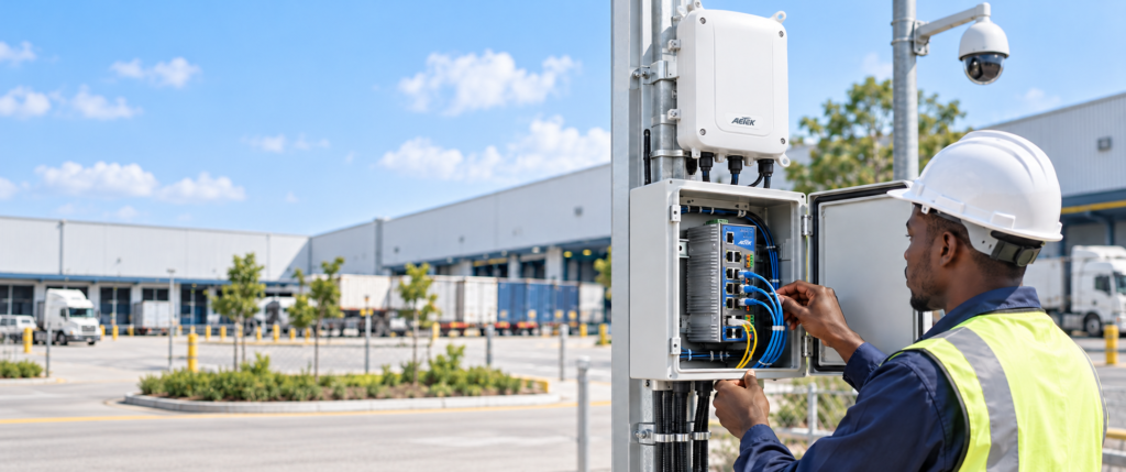 Warehouse network upgrade with fiber uplink in an industrial poe project.