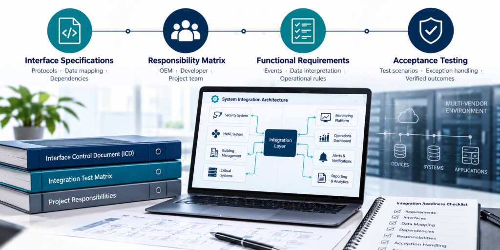 Systems integration engineering checklist showing interface specifications, functional requirements, project responsibilities, and acceptance testing