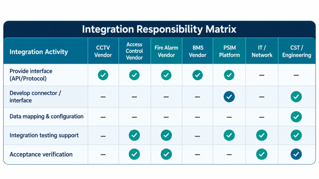 Multi-vendor systems integration responsibility diagram showing the transition from unclear interface ownership to defined vendor and engineering responsibilities.