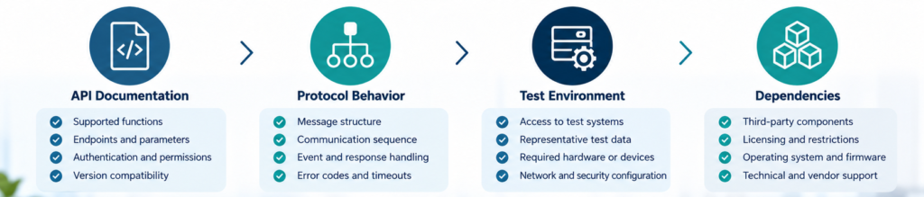 Software integration technical assessment showing API documentation, protocol verification, test environment requirements and development dependencies