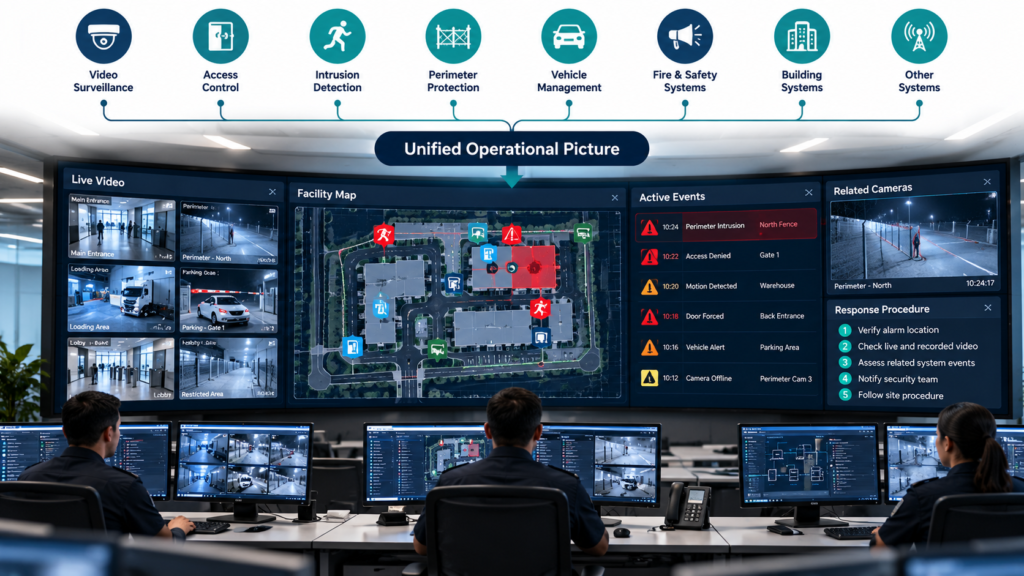Centralized security operations center displaying integrated CCTV, access control, incident alerts and facility monitoring information.