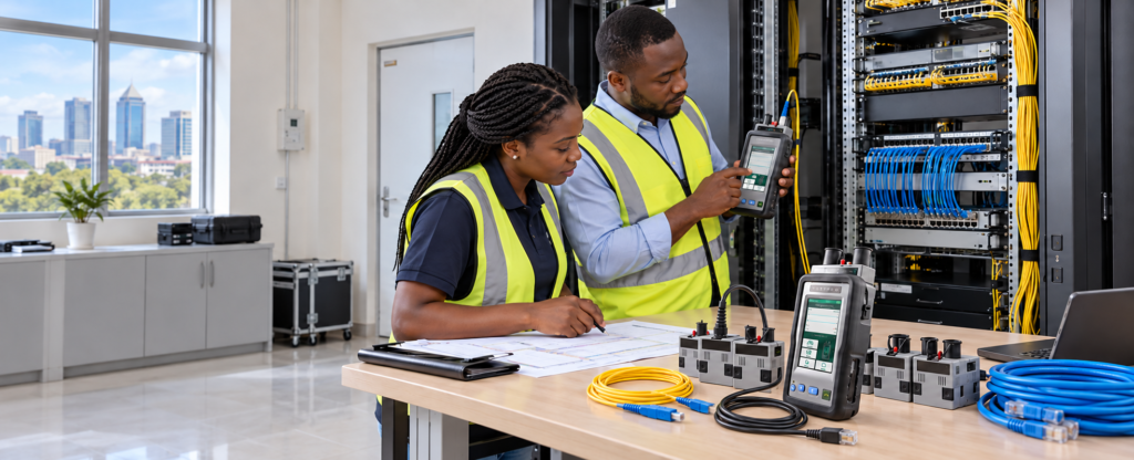 Two engineers conducting copper and fiber certification with AEM TestPro CV100 testers and adapters beside a network rack.