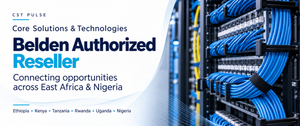 CST Belden Authorized Reseller announcement for East Africa and Nigeria, alongside structured cabling infrastructure